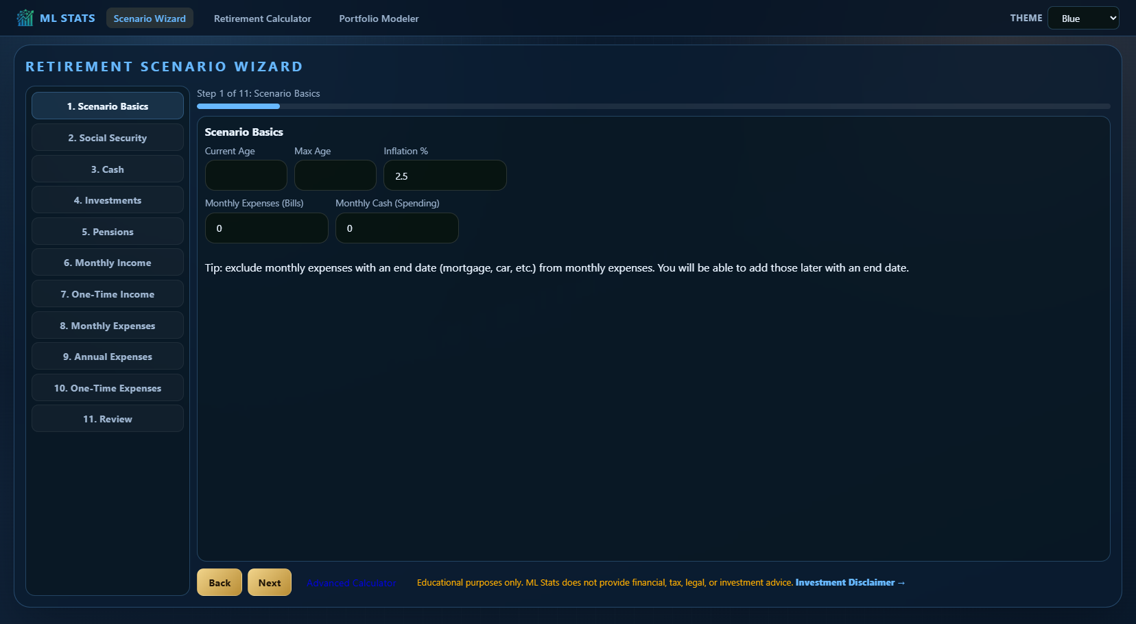 Retirement Calculator scenario wizard
